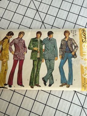 Vintage 1972 Simplicity 5273 Mens Suit Pattern Shirt Jacket Pants Size 46 Retro